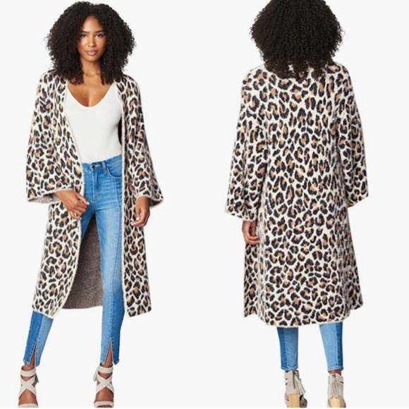 BLANKNYC Leopard Duster XS from REVOLVE Brown Tan Beige Sleeve Cuffs Fuzzy Cardi - Picture 1 of 13